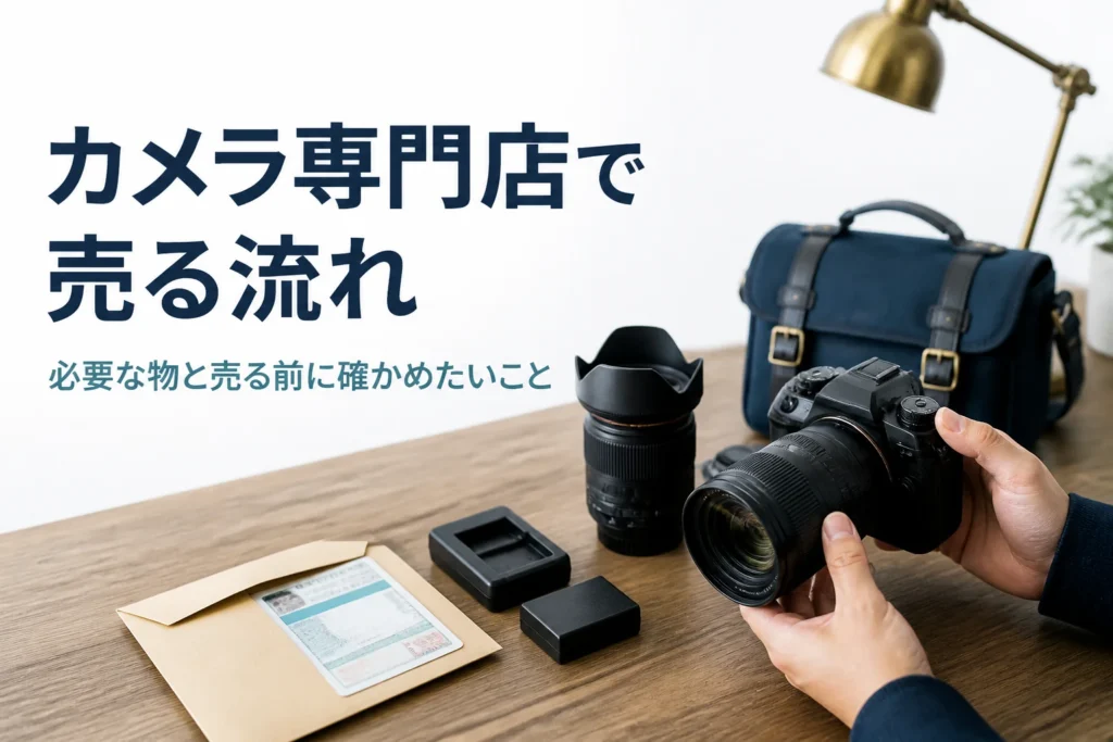 カメラ専門店で一眼レフを売る前に付属品と書類をそろえた様子