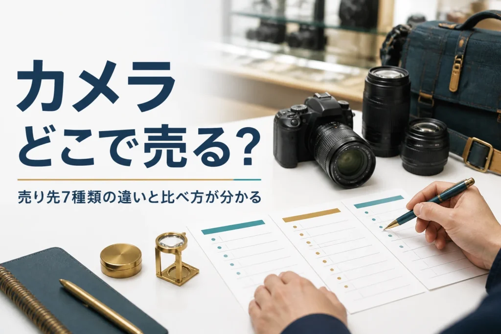 一眼レフと交換レンズの横で複数の査定メモを見比べている手元