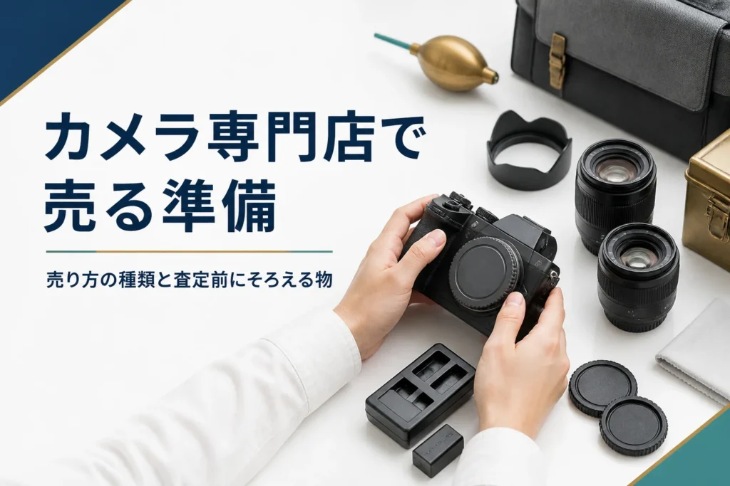 カメラ専門店に売る前にレンズとキャップや充電器などの付属品をそろえた様子