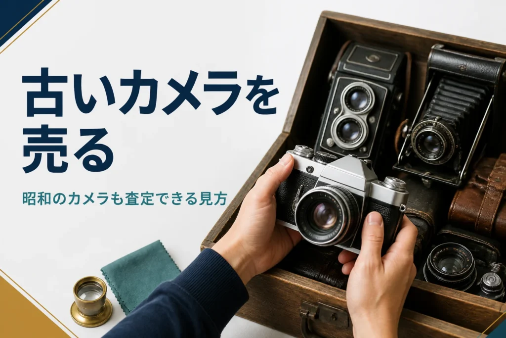 箱に入った古いフィルムカメラを手に取って確かめる手元