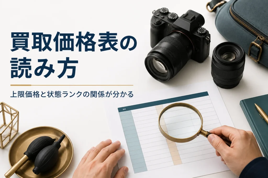 カメラの買取価格表をルーペで確かめている手元