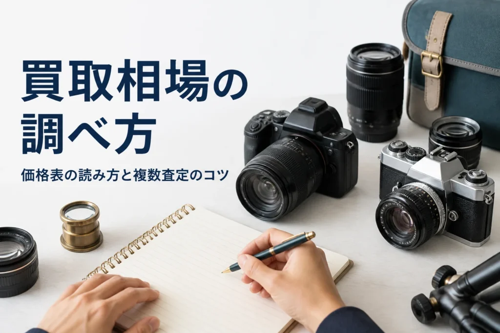カメラの買取相場を調べるために機材と価格のメモを並べている手元