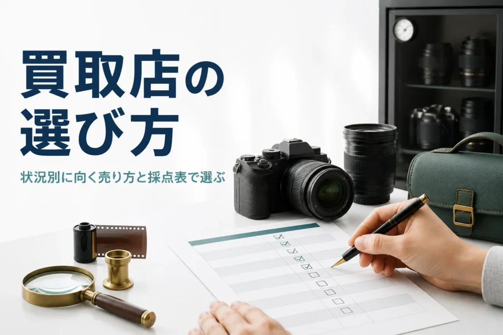 ミラーレスカメラとレンズの横で採点表に印を付けている手元