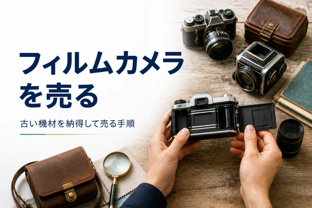 古いフィルムカメラの裏ぶたを開けて中を確かめている手元