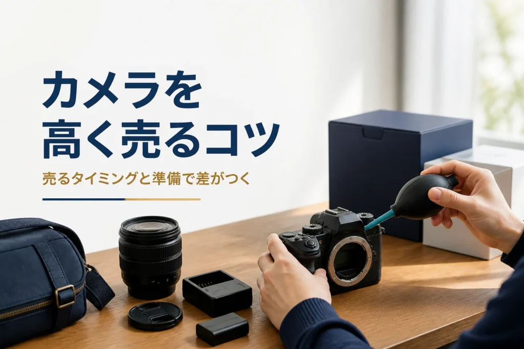 付属品をそろえた一眼レフをブロアーで手入れしている手元