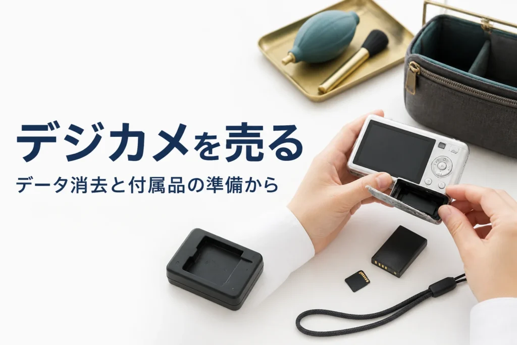 コンパクトデジカメからメモリーカードを取り出して付属品をそろえている手元