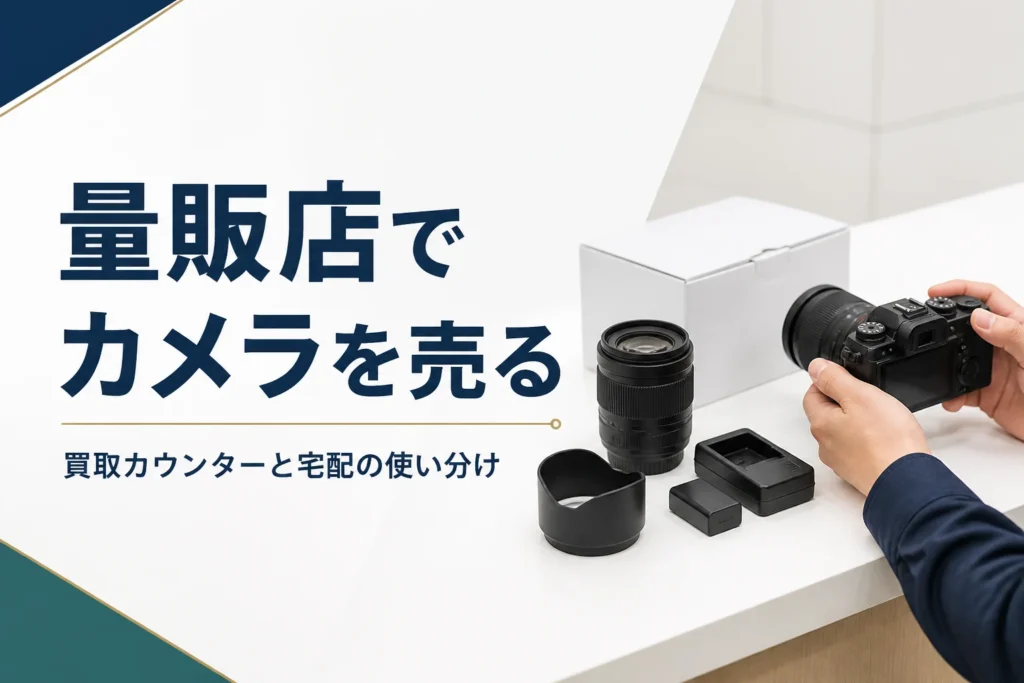 量販店の買取カウンターでカメラを査定に出すイメージ
