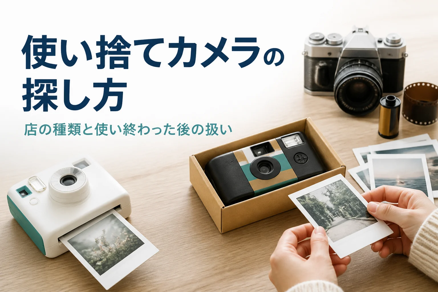 使い捨てカメラとインスタントカメラ、フィルムが机に並んでいる様子