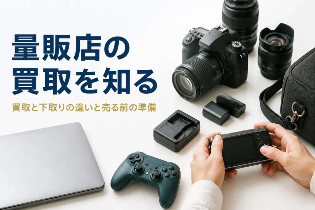 カメラやパソコンを家電量販店の買取に出す準備をしているイメージ
