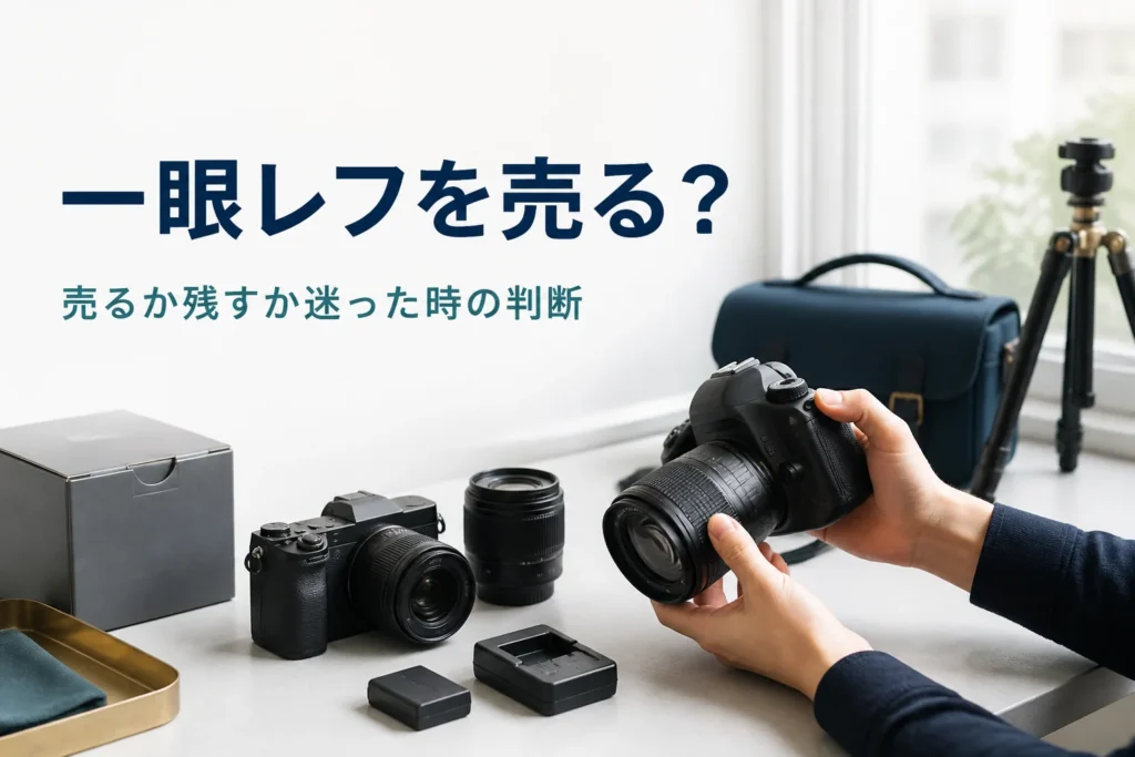 一眼レフとミラーレスカメラを手に取って売るか考えている手元
