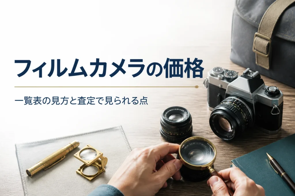 古いフィルムカメラのレンズをルーペとライトで確かめている手元