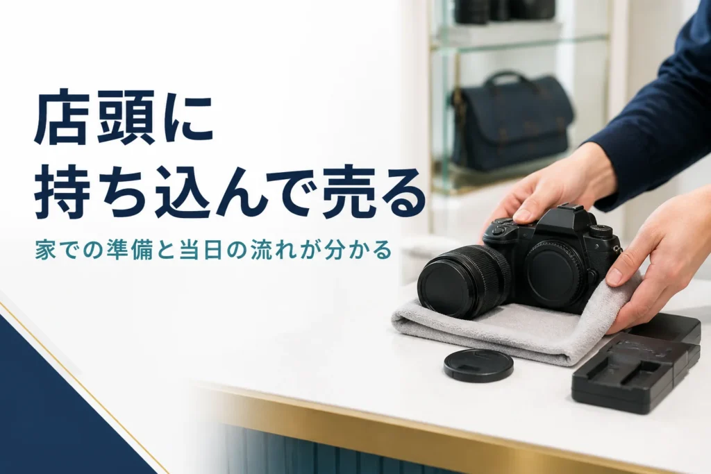 カメラ店のカウンターに一眼レフとレンズを持ち込んだ手元