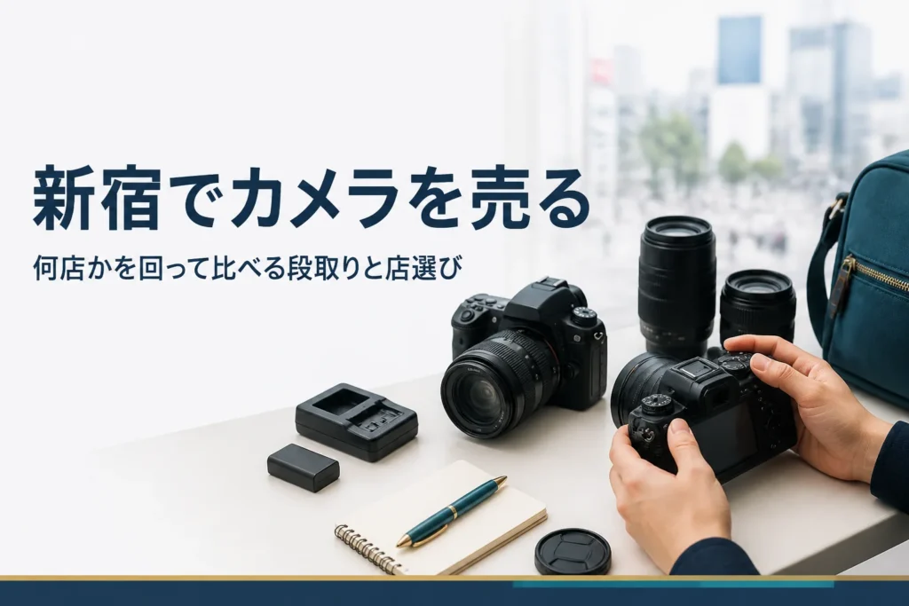 一眼レフや交換レンズ、付属品とメモ帳を並べて新宿で売る準備をしている様子