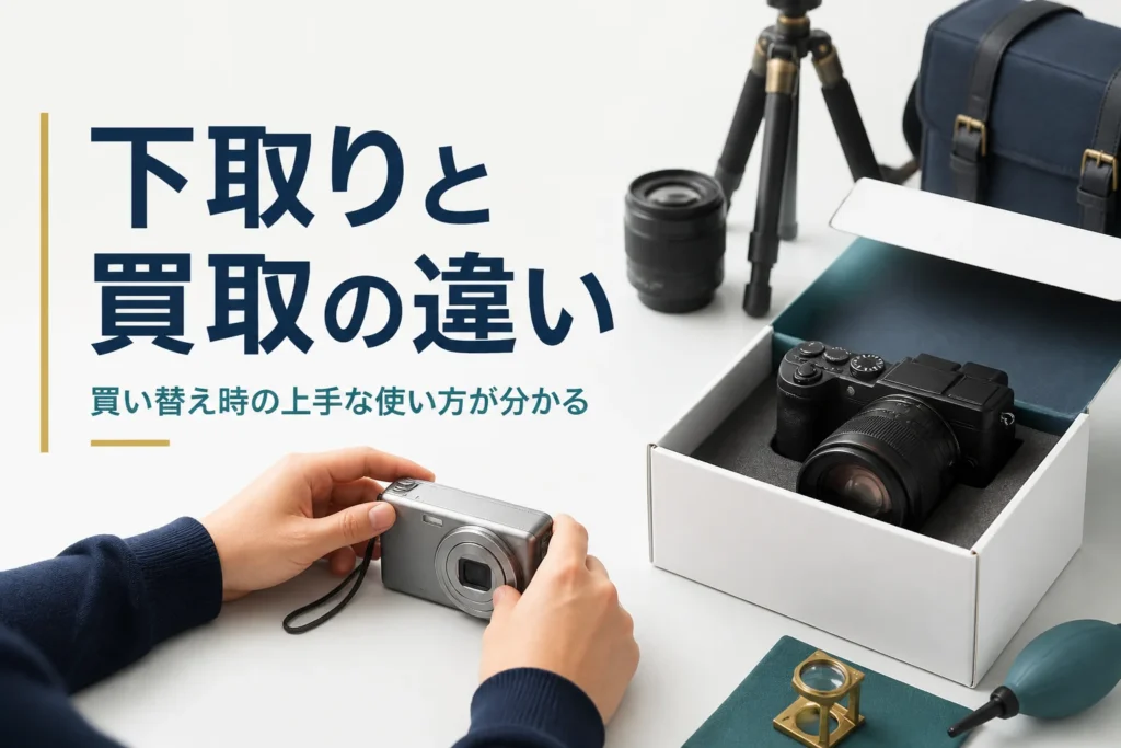 古いデジカメと新しいカメラの箱を並べて下取りを考えている手元