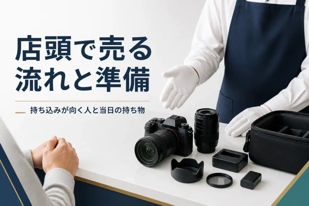 店頭の買取カウンターに一眼レフと交換レンズと付属品を持ち込んだ様子