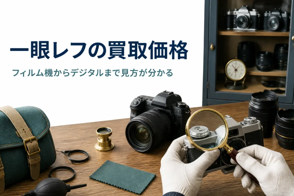 古いフィルム一眼レフとデジタル一眼レフの型番を確かめている手元