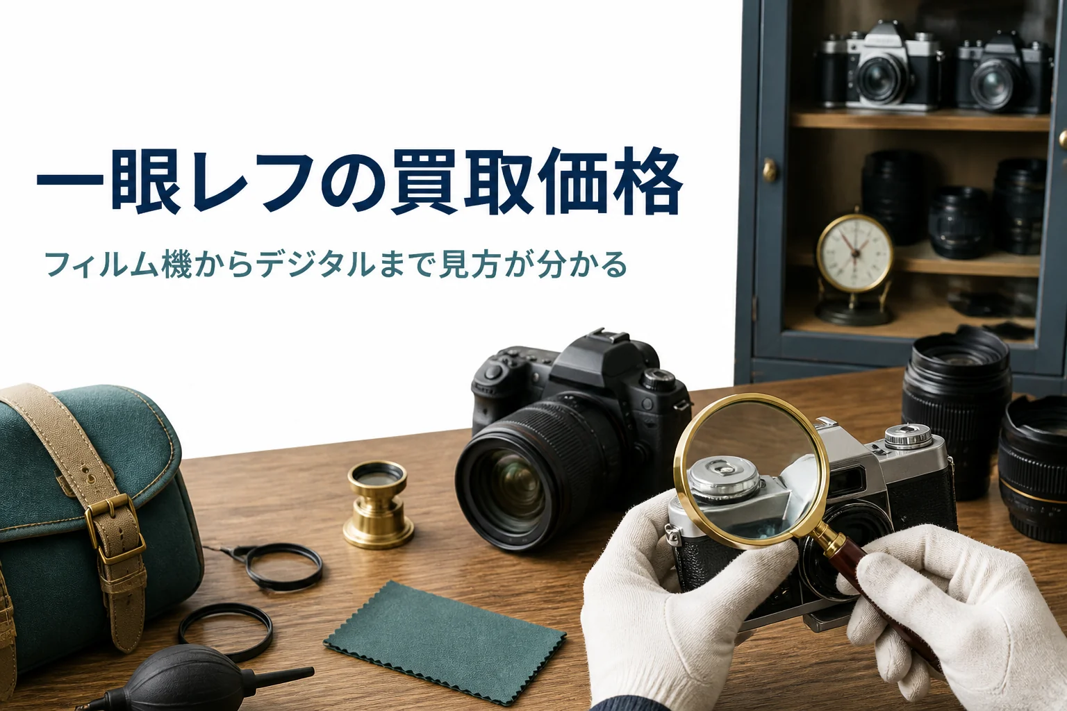 古いフィルム一眼レフとデジタル一眼レフの型番を確かめている手元