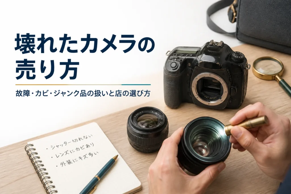 使い込んだ一眼レフとレンズの状態をライトで確かめている様子
