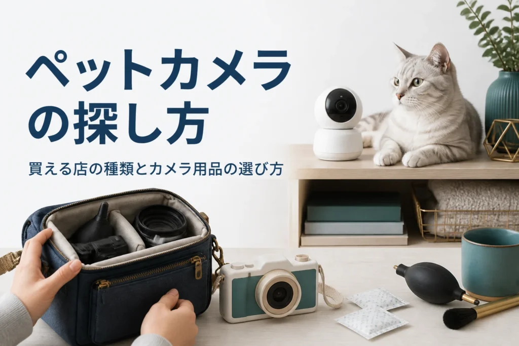 室内に置いたペットカメラとカメラ用品が並んでいる様子