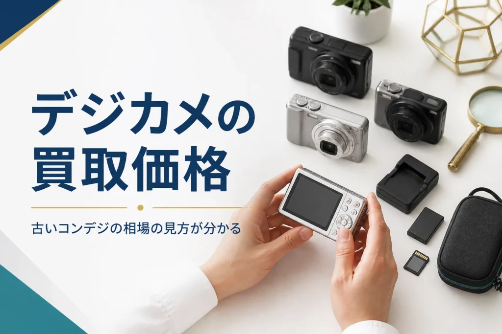 古いコンパクトデジカメと付属品を並べて確かめている手元