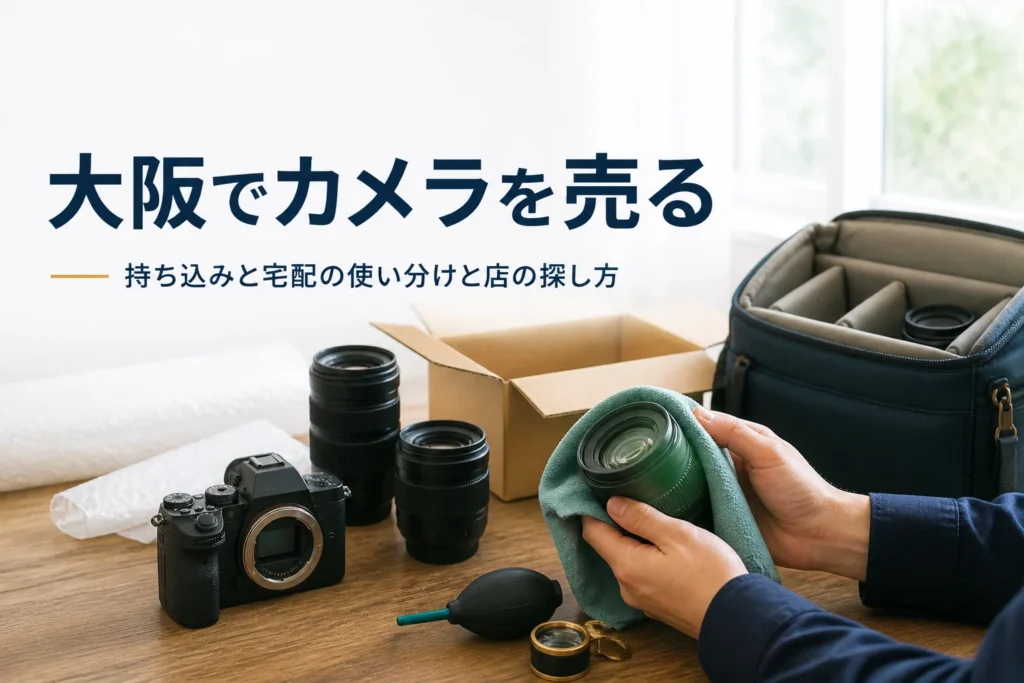 ミラーレスと交換レンズを段ボール箱とカメラバッグの横に並べ、持ち込むか送るかを準備している様子