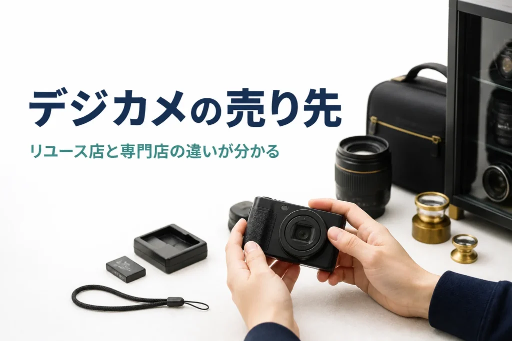 コンパクトデジカメと付属品をそろえて売り先を考えている手元