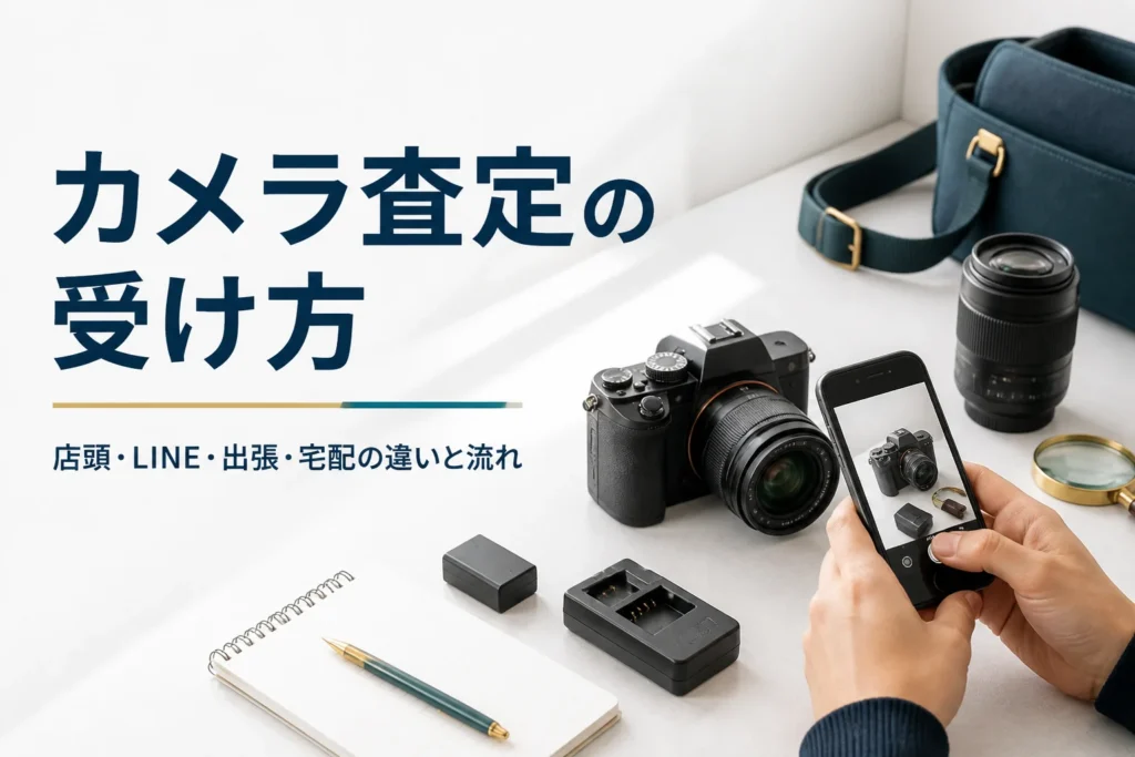 スマホでミラーレスカメラを撮影して査定の準備をしている様子