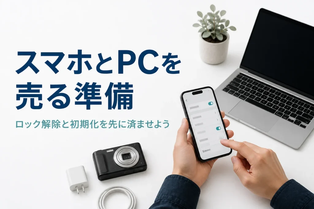 スマホやノートパソコンを売る前にデータを消去しているイメージ