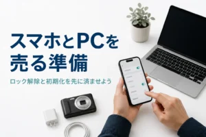 スマホやノートパソコンを売る前にデータを消去しているイメージ
