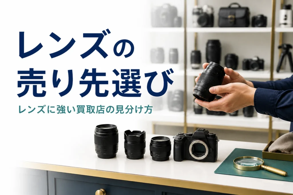 買取カウンターに交換レンズとカメラのボディを並べている手元