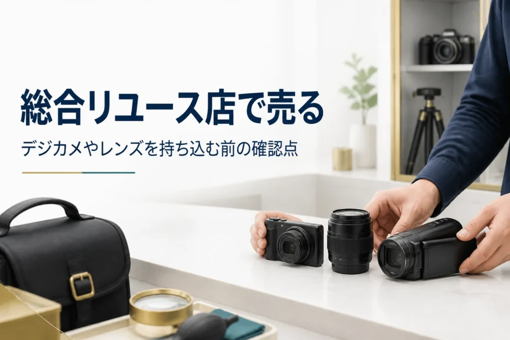 総合リユース店に持ち込む前にデジカメと交換レンズとビデオカメラを並べた様子