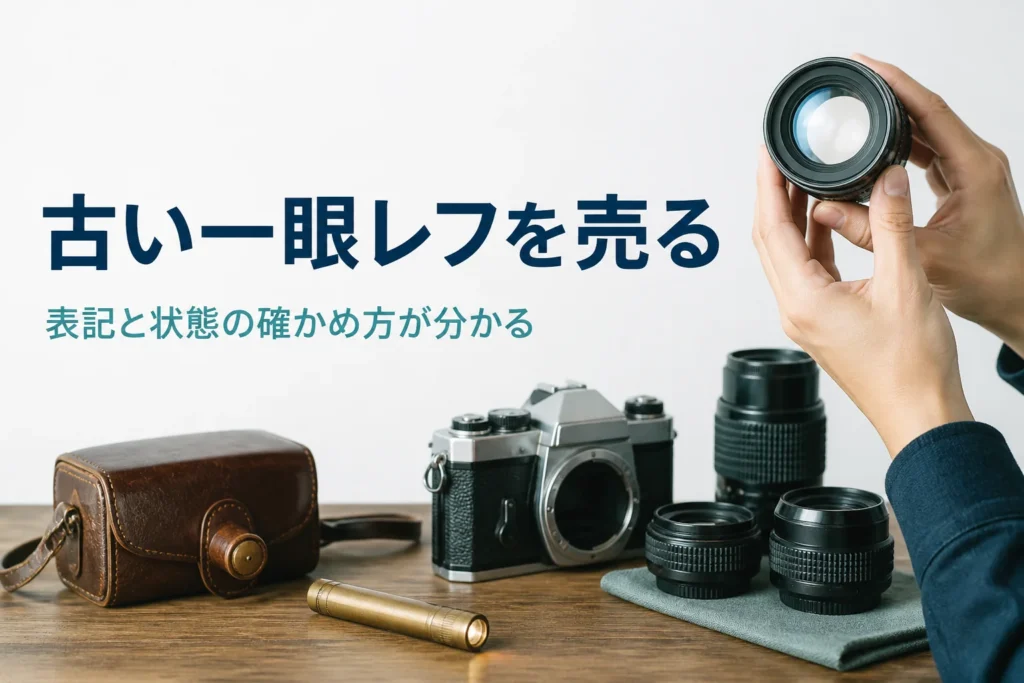 古いフィルム一眼レフのレンズを光にかざして確かめる手元