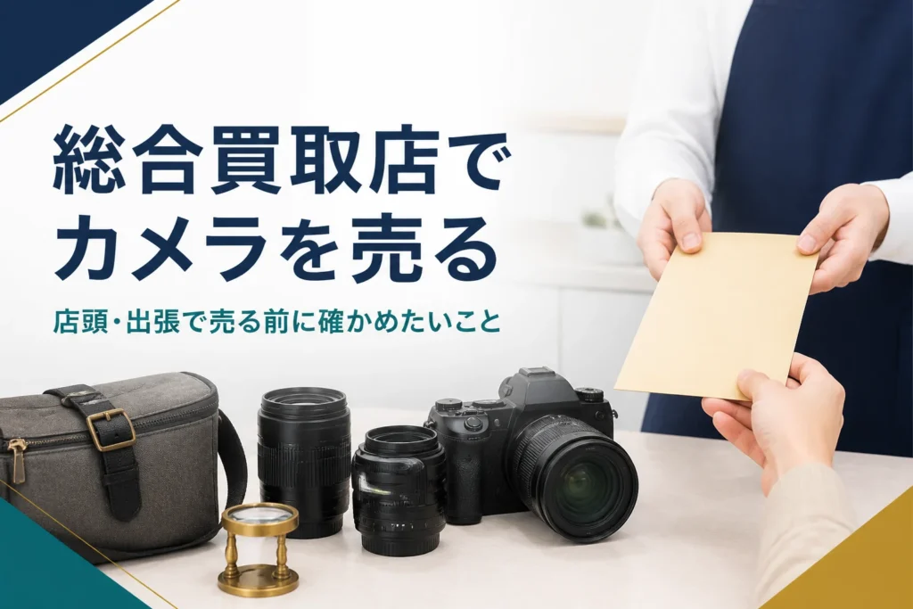 総合買取店のカウンターで一眼レフと交換レンズを査定に出す様子