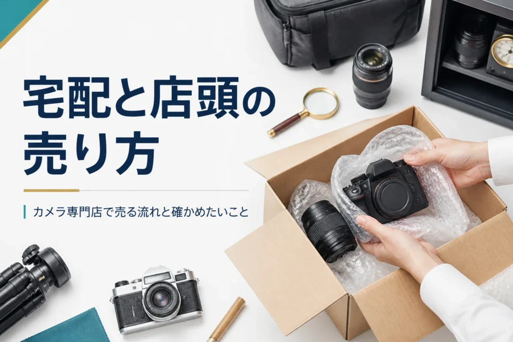 宅配買取の梱包キットに一眼レフと交換レンズを詰めている様子