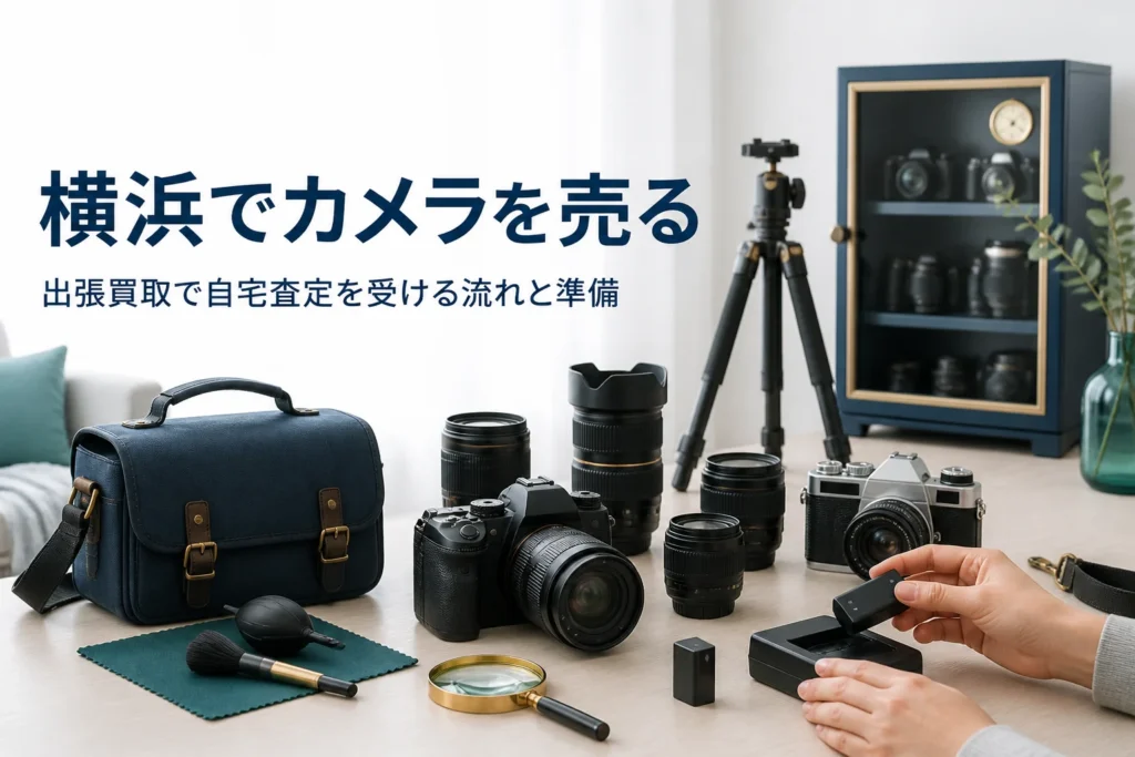 自宅のテーブルに一眼レフやフィルムカメラ、交換レンズ、三脚を並べて出張査定の準備をしている様子