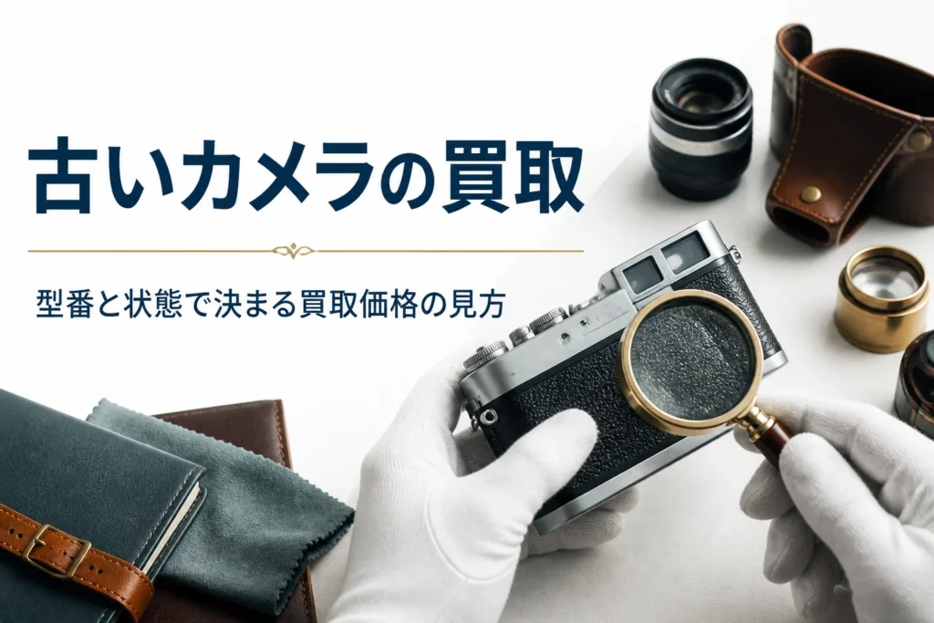 クラシックなフィルムカメラの刻印をルーペで確かめる手元