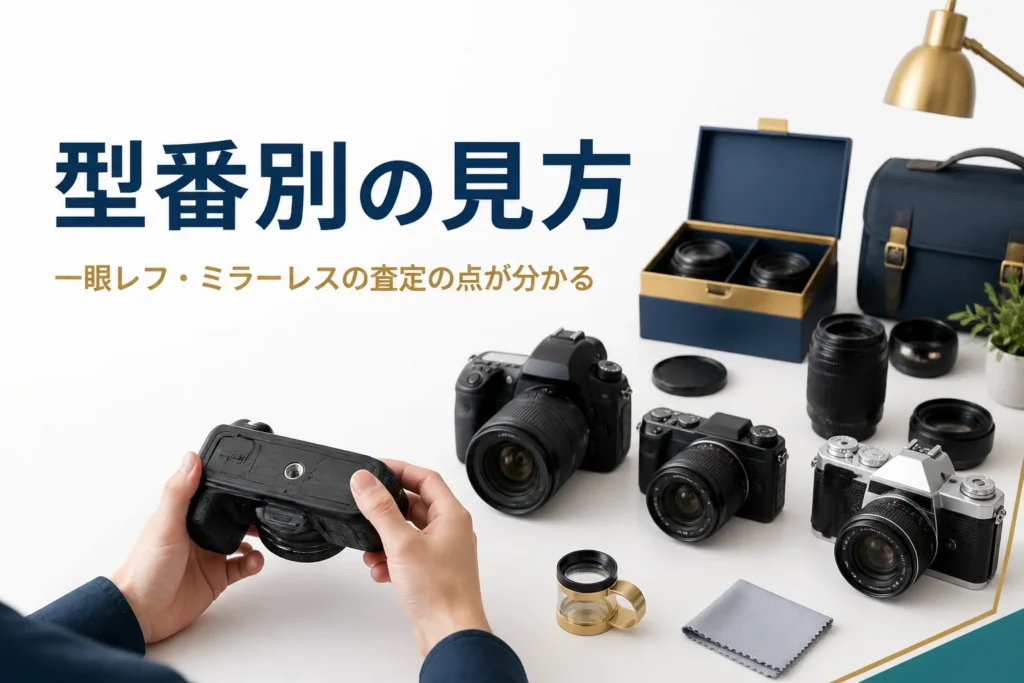 一眼レフとミラーレスカメラの型番を底面で確かめている手元
