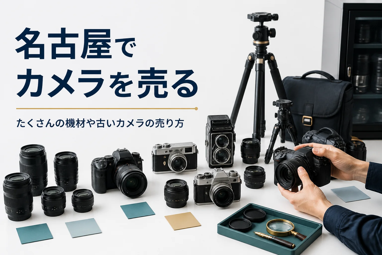 デジタル一眼レフや古いフィルムカメラ、交換レンズを種類ごとに仕分けて売る準備をしている様子