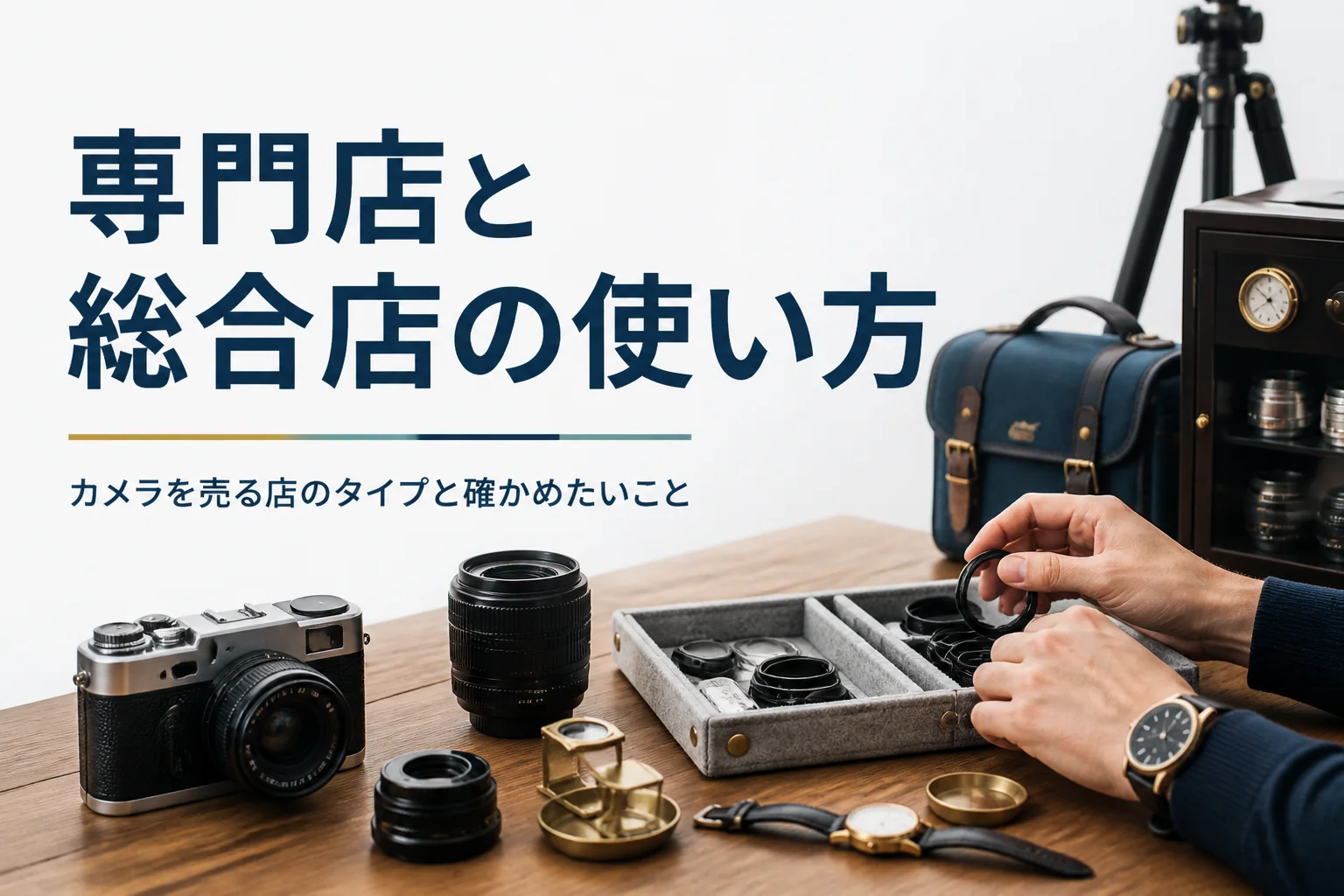フィルムカメラと交換レンズと腕時計を売る前に仕分けている様子