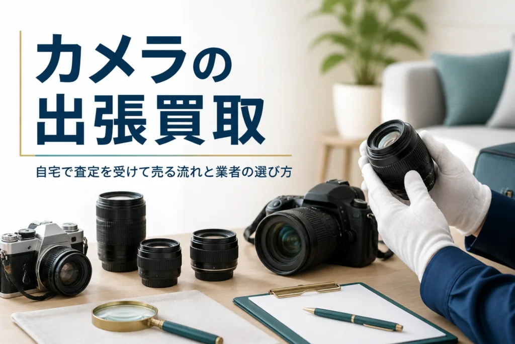 自宅のテーブルに並べたカメラとレンズを査定員が確かめている出張買取の様子