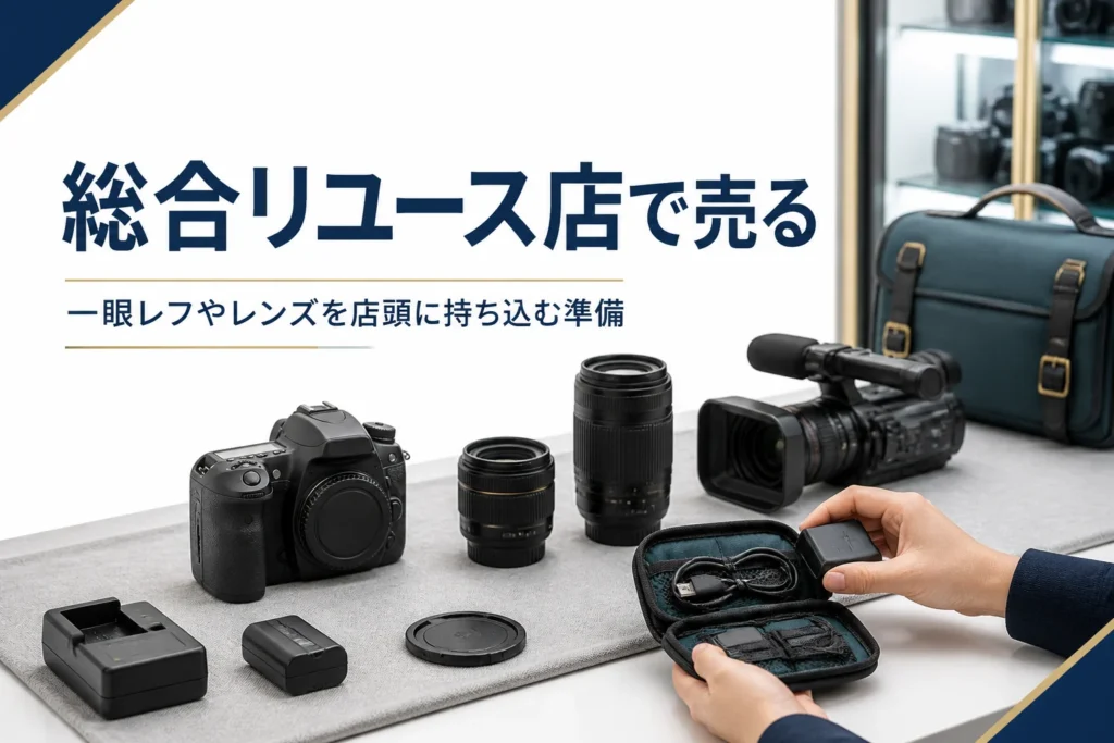 一眼レフや交換レンズ、ビデオカメラを付属品とそろえて買取カウンターに持ち込む様子