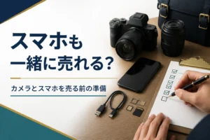 ミラーレスカメラとスマートフォンを並べて売る前の準備をしている様子