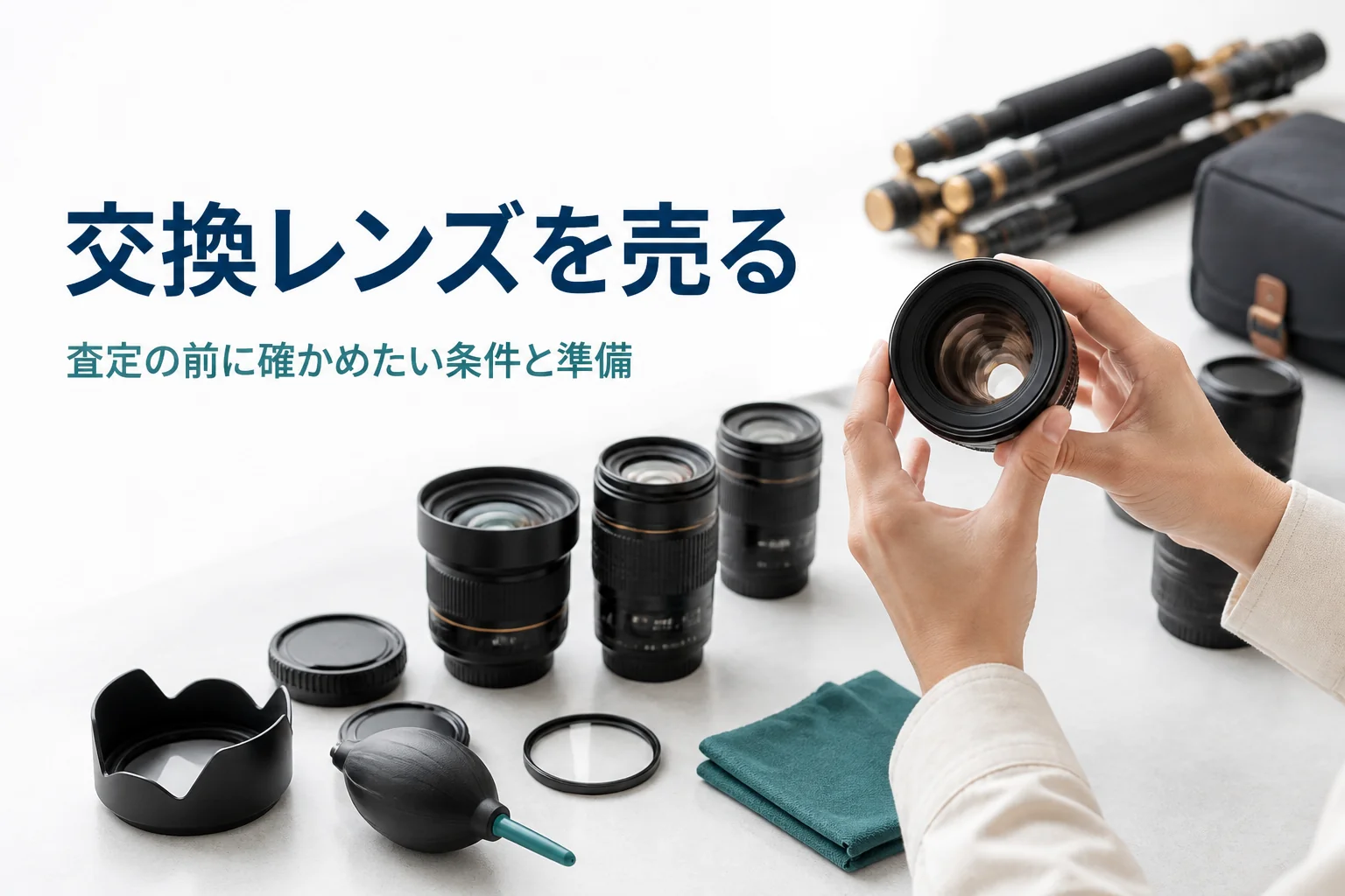 交換レンズを光にかざして状態を確かめ、売る準備をしている様子