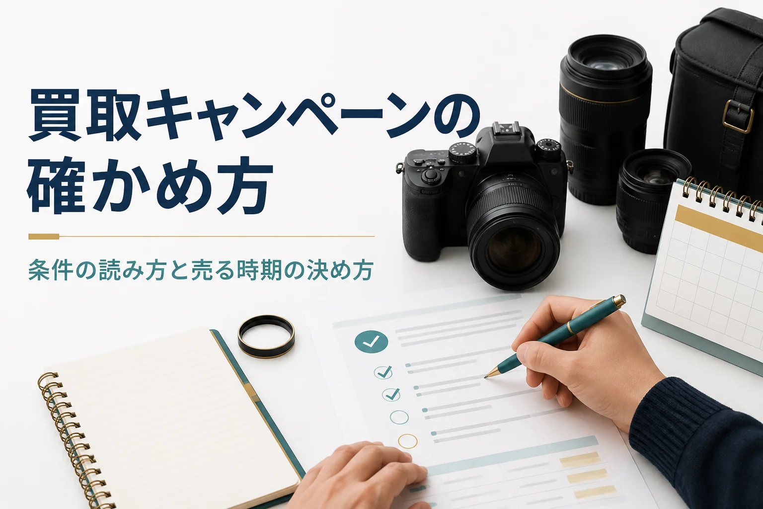 一眼レフとカレンダーを前に、買取キャンペーンの条件を確かめている様子