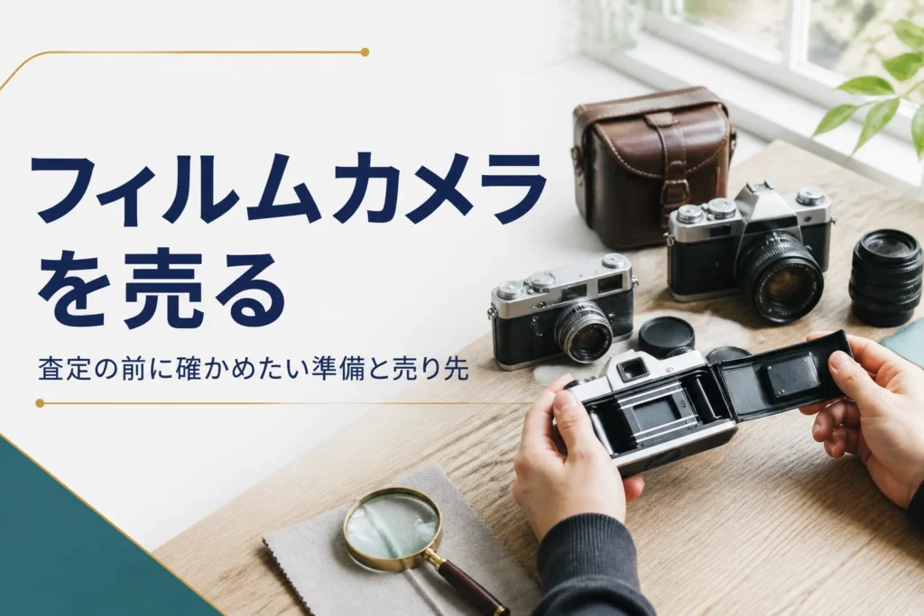 古いフィルムカメラの裏ぶたを開けて、フィルムが残っていないか確かめている様子