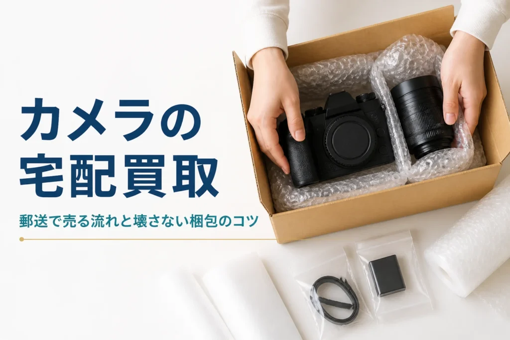 カメラと交換レンズを緩衝材で包んで段ボール箱に詰めている宅配買取の梱包の様子