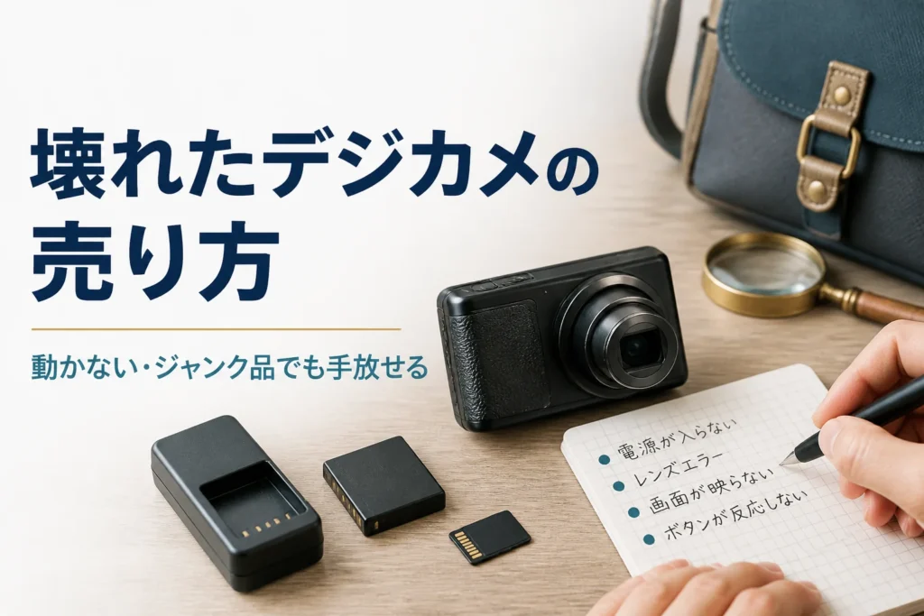 レンズが出たまま止まったコンパクトデジカメと、バッテリーや充電器、症状のメモを並べて売る準備をしている様子