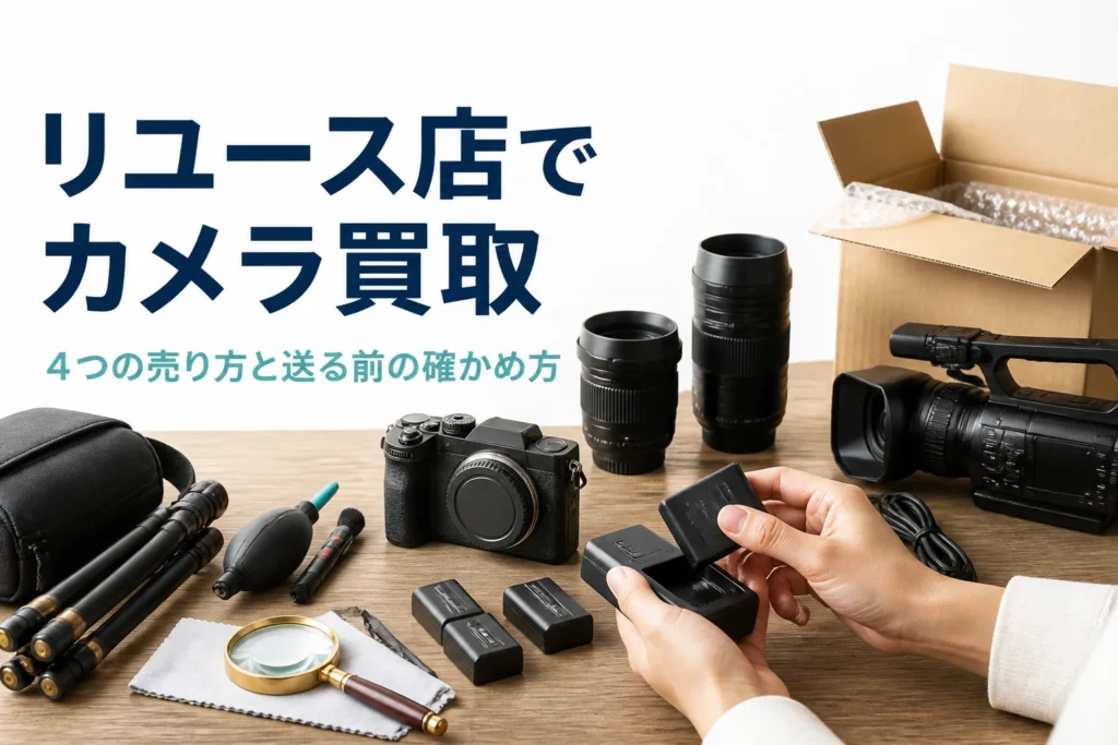 ミラーレスカメラやビデオカメラを付属品とそろえて売る準備をしている様子