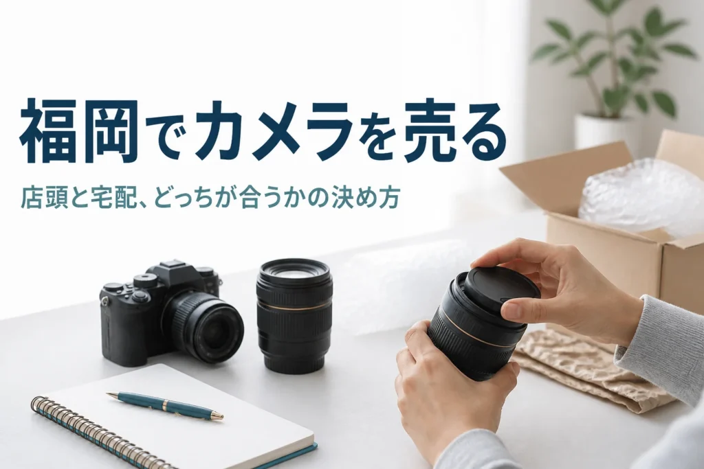 ミラーレスカメラと交換レンズを宅配用の箱に詰める準備をしている様子