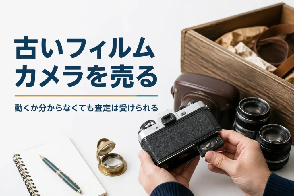 押し入れから出てきた古いフィルムカメラの電池室を確かめ、査定に出す準備をしている様子